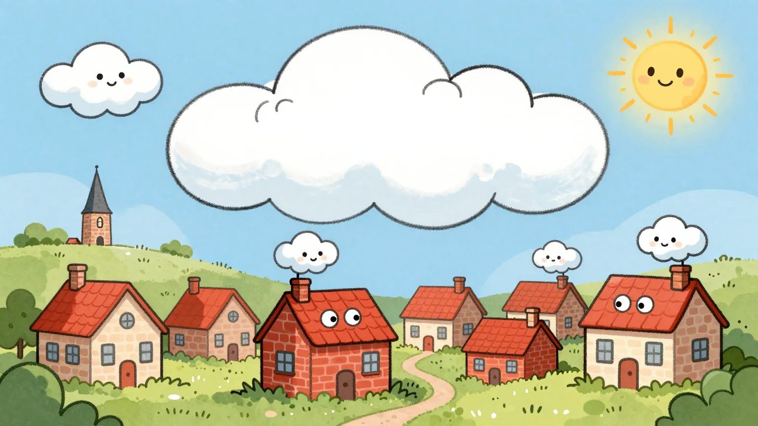Een dorp van rode bakstenen huisjes op een groene heuvel, met wolkjes met gezichtjes boven de schoorstenen en een lachende zon